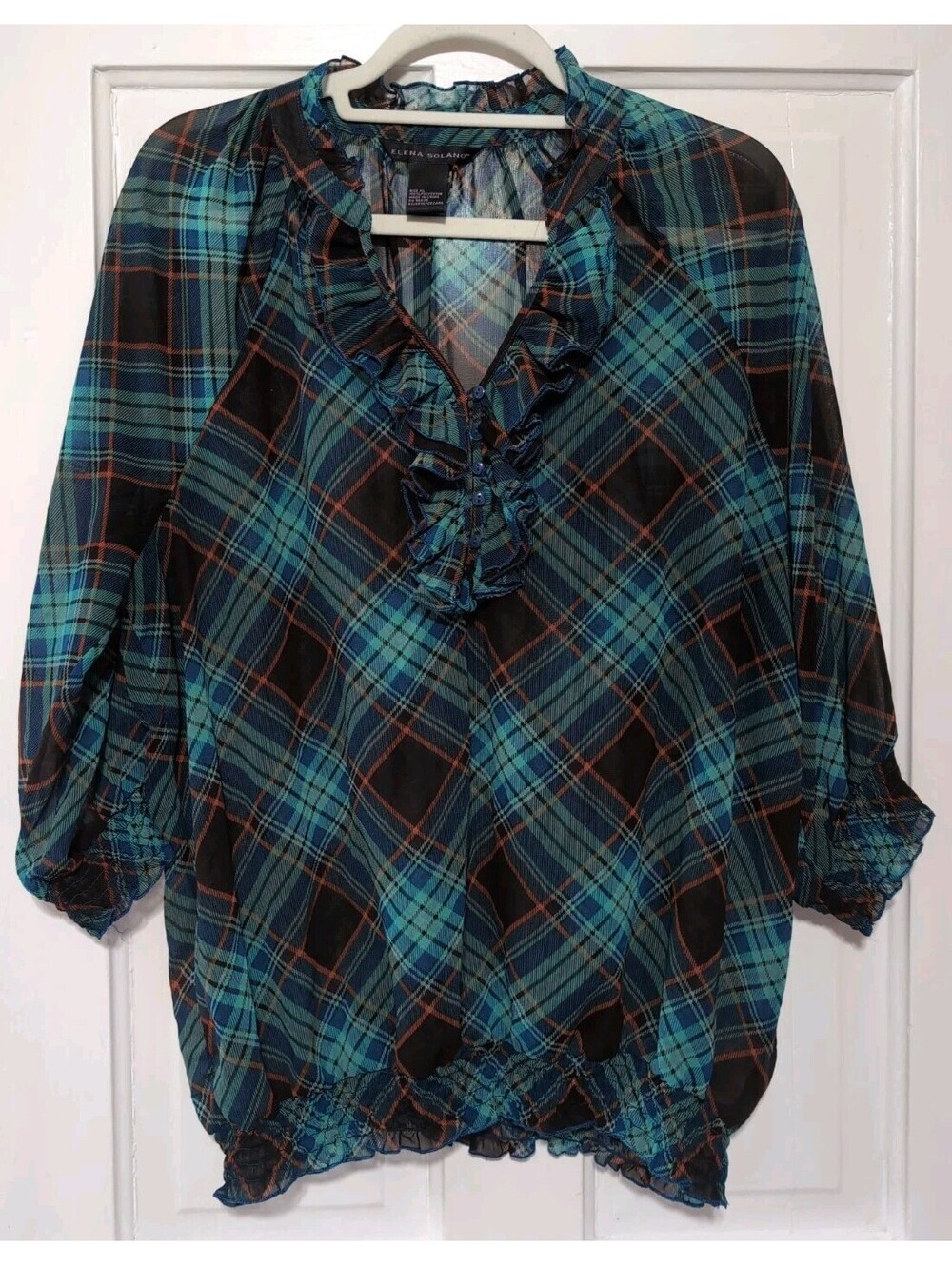 ELENA SOLANO Sheer Ruffle V Neck Teal Plaid Smocked Blouse Boho Woman XL(1564)E